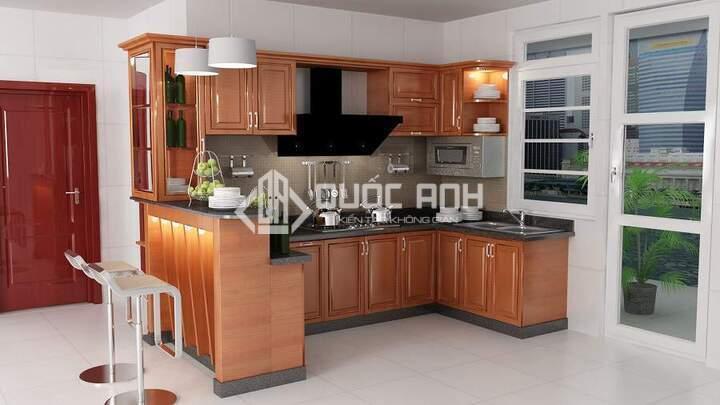 Quầy bar bếp nhôm giả gỗ cho những ai yêu thích màu gỗ tự nhiên. 