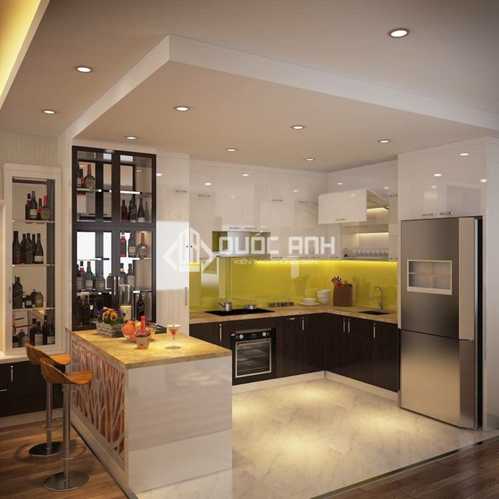 Quầy bar bếp gam màu ấm áp. 