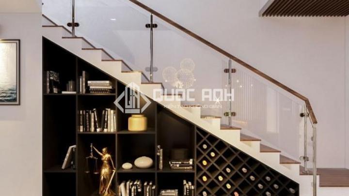 Mẫu cầu thang kính cường lực tay vịn gỗ sang trọng. 