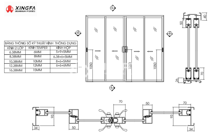Bản vẽ kỹ thuật của nhôm Xingfa 4 cánh lùa. 