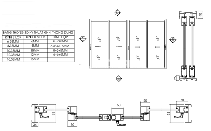 Bản vẽ kỹ thuật cửa sổ nhôm Xingfa lùa 4 cánh. 