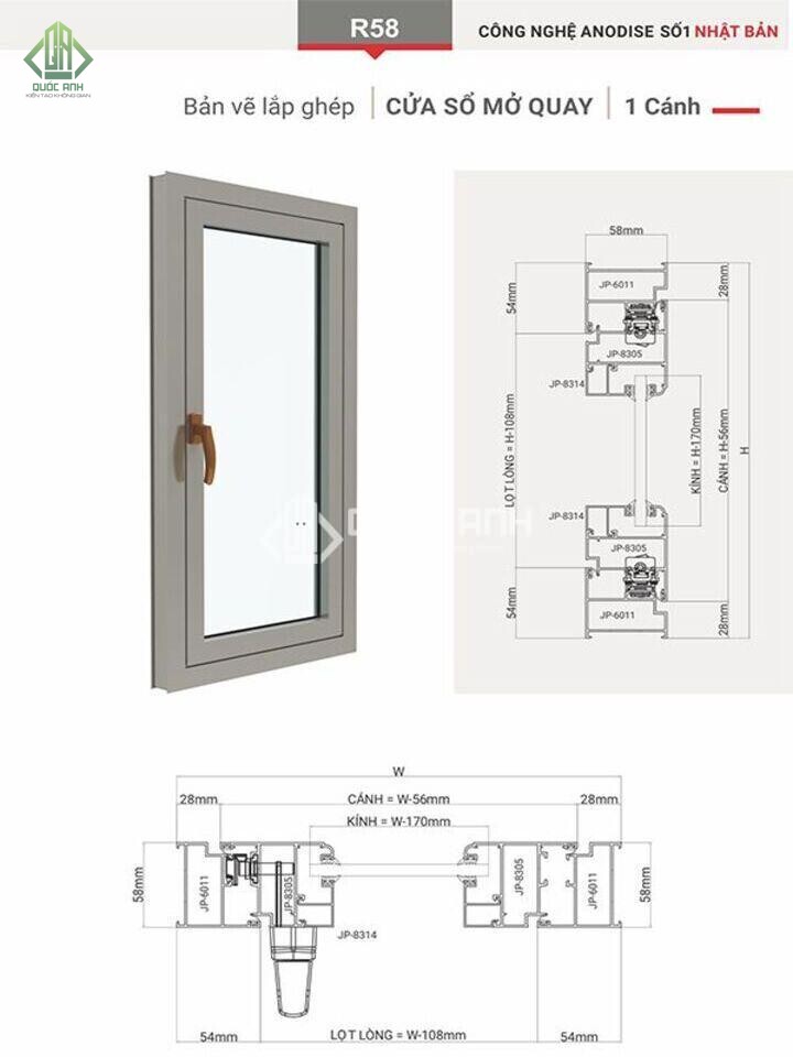 Mặt cắt cửa sổ mở quay 1 cánh nhôm Maxpro.