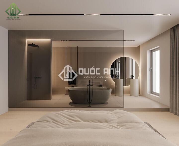Phòng tắm kính trong phòng ngủ kích thước lớn. 