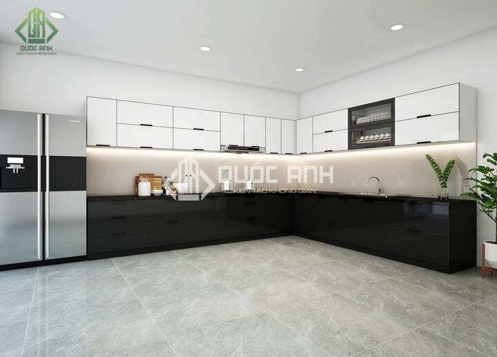 Tủ bếp nhôm kính phối màu trắng đen độc đáo. 