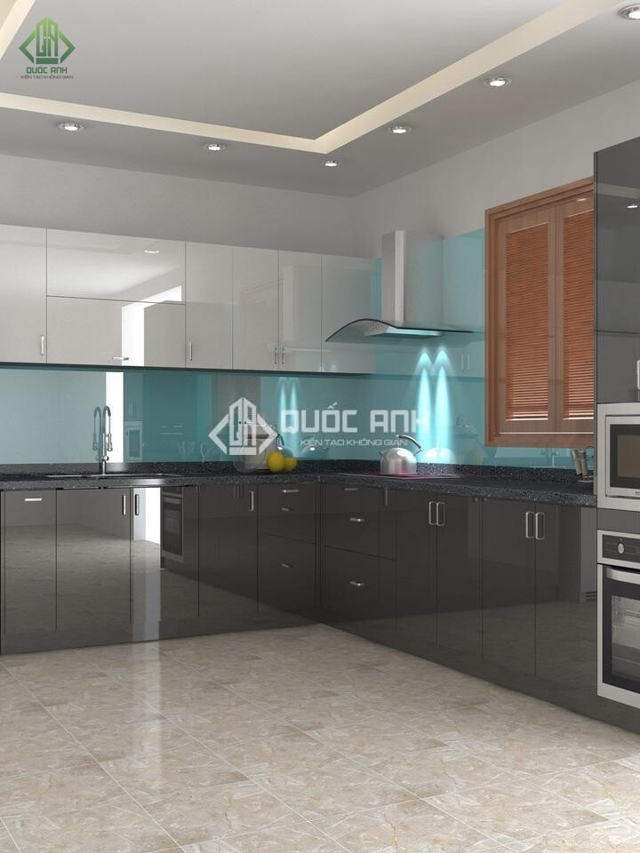 Tủ bếp nhôm kính sáng bóng.