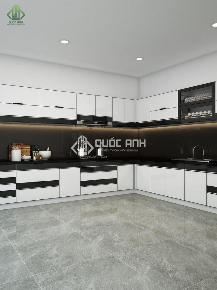 Tủ bếp đen trắng hợp kim nhôm.